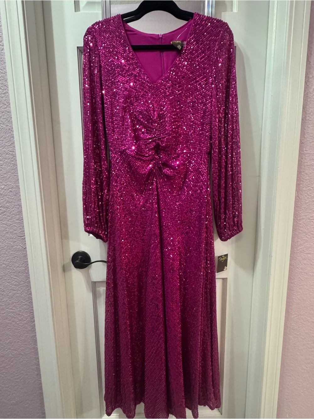 Taylor Magenta Sequin Long Sleeve V-Neck Gown
